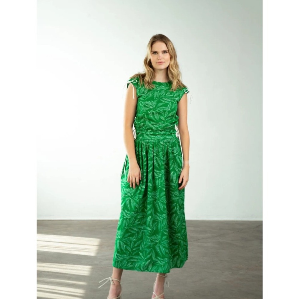 Never A Wallflower Green White Leaf Block Print Cotton Yarrow Midi Skirt XS $248